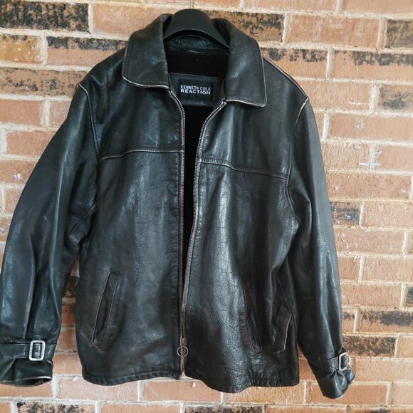 Kenneth Black Distressed Leather Moto Coat Jacket - Size XL  As-Is - Picture 1 of 6
